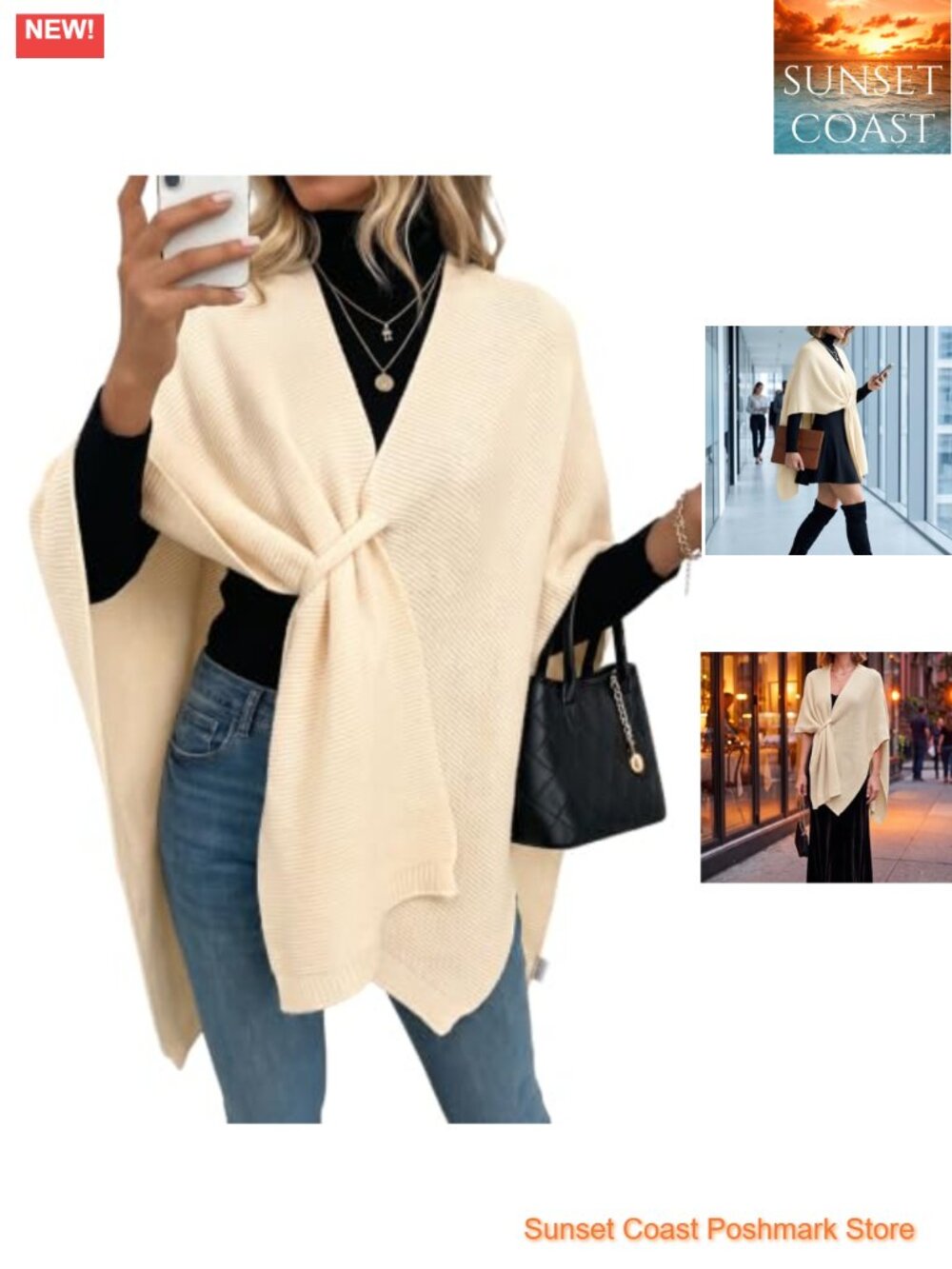 Womens Knit Poncho Cape Wrap Shawl Open Front 3/4 Sleeve